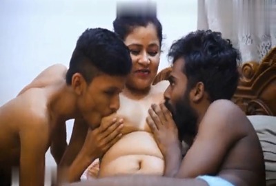 Two perverts crush a big boob milf in a desi threesome