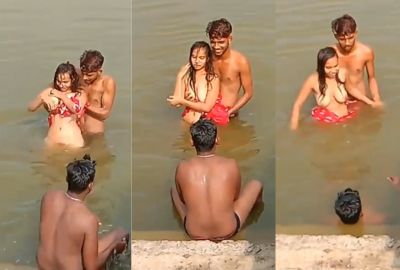 Desi girl romances naked with two guys in the pond